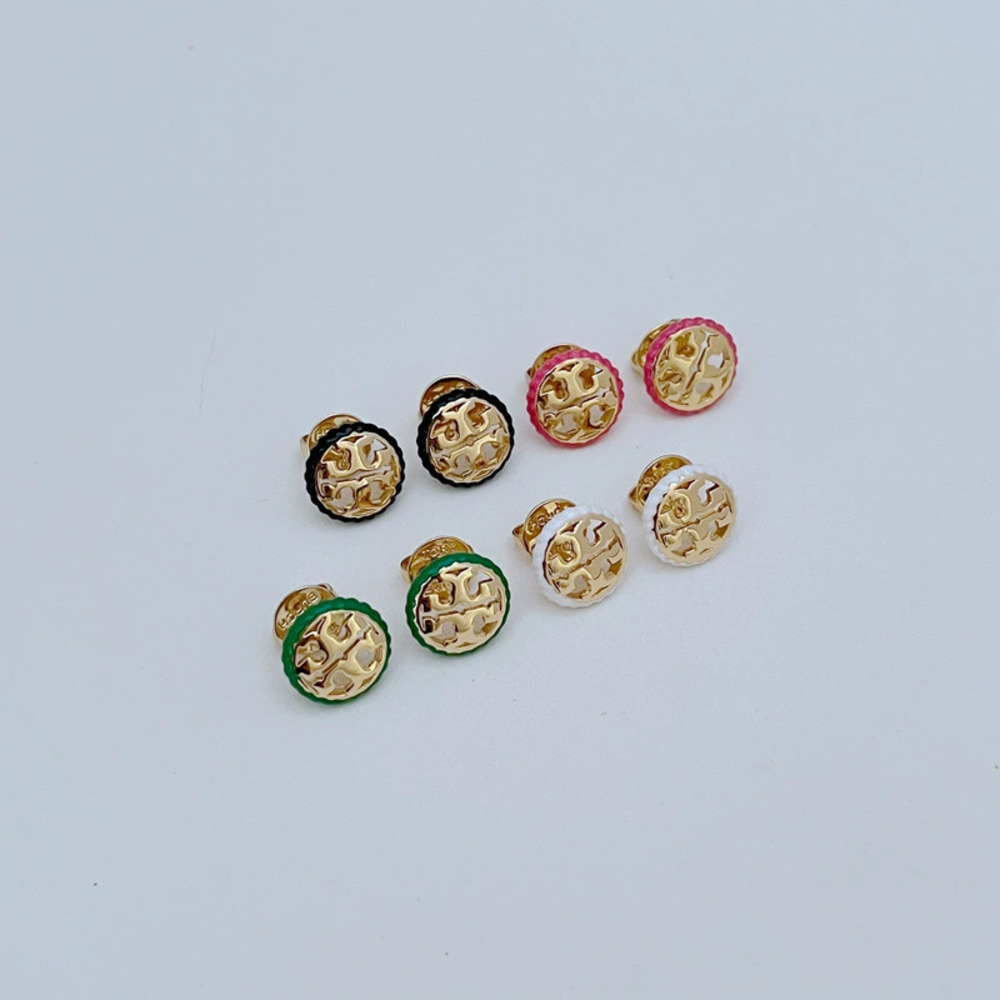 Tory Burch Gold Plated Copper Double Enamel Round Stud Hollow Cross Earrings